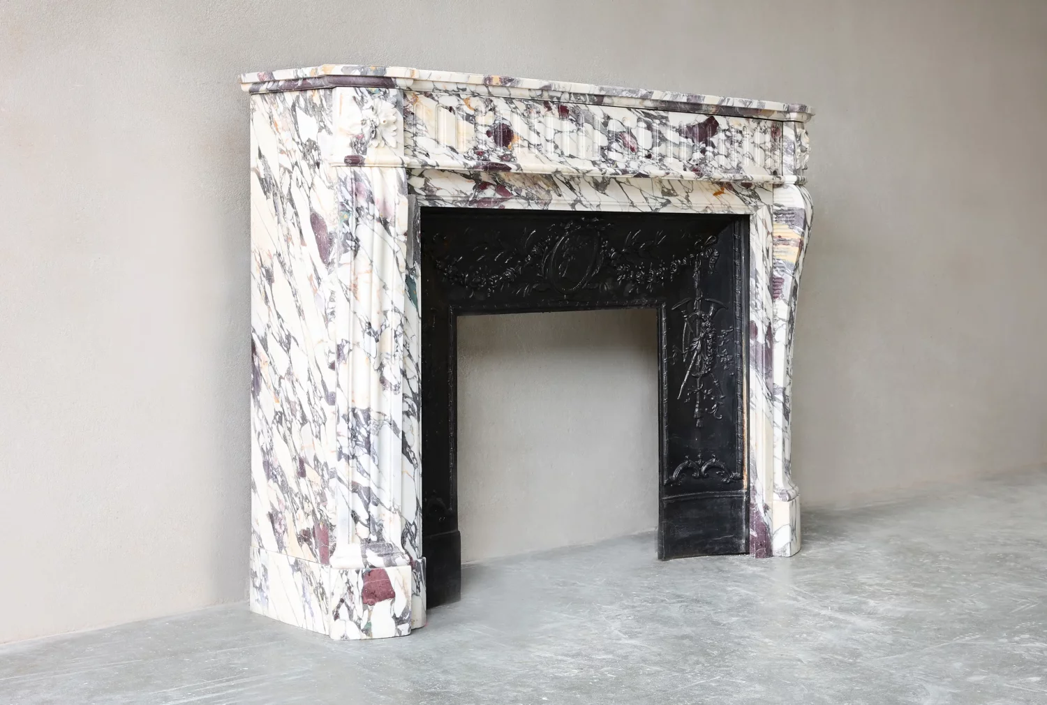 Antique Louis XVI marble fireplace surround, Brèche Violetta stone, front-facing