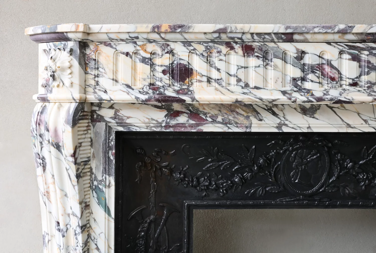 Vintage fireplace mantel in rare Brèche Violetta marble, front elevation, ideal for historic hotels or design projects