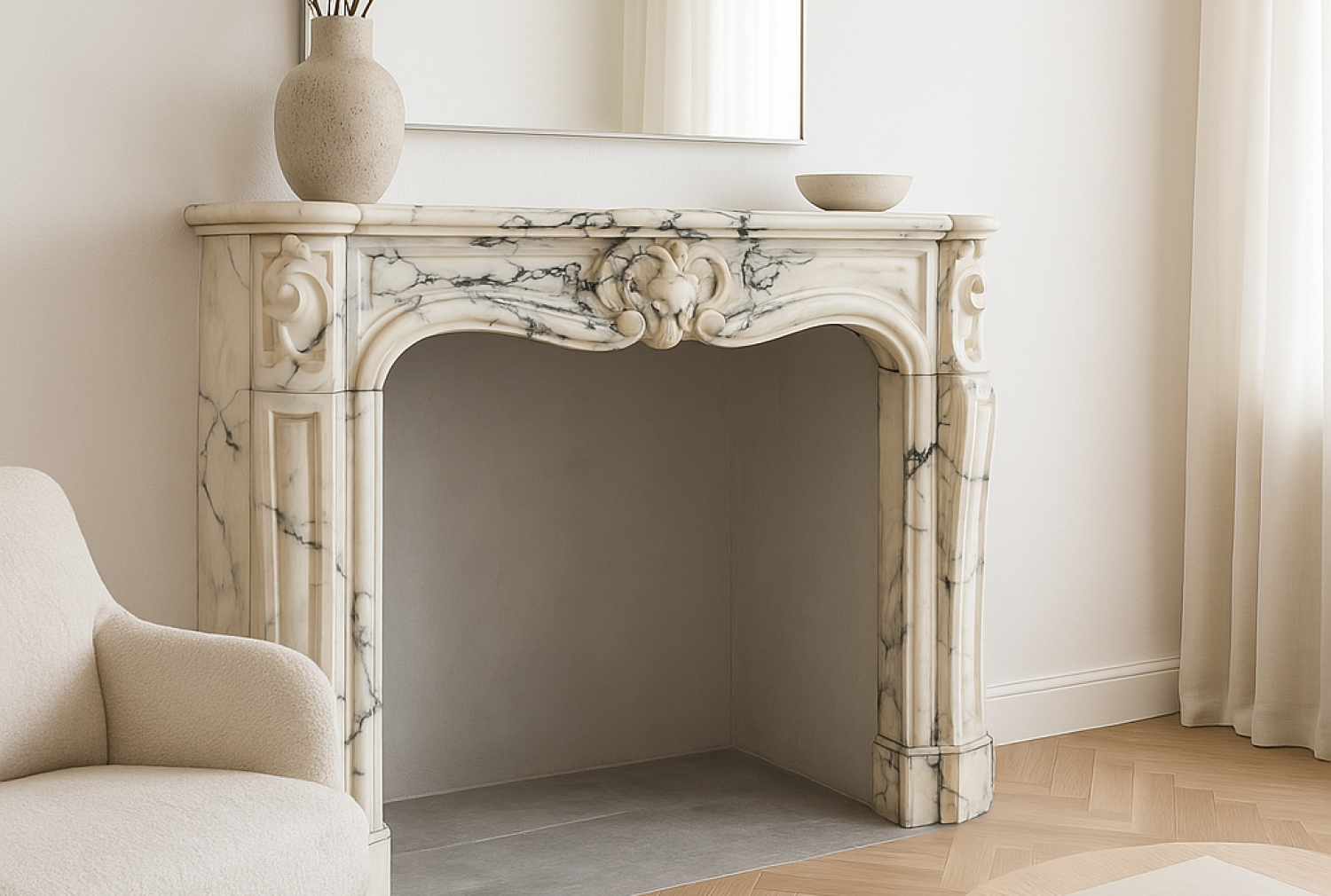 impression of fireplace in style of Louis XV
