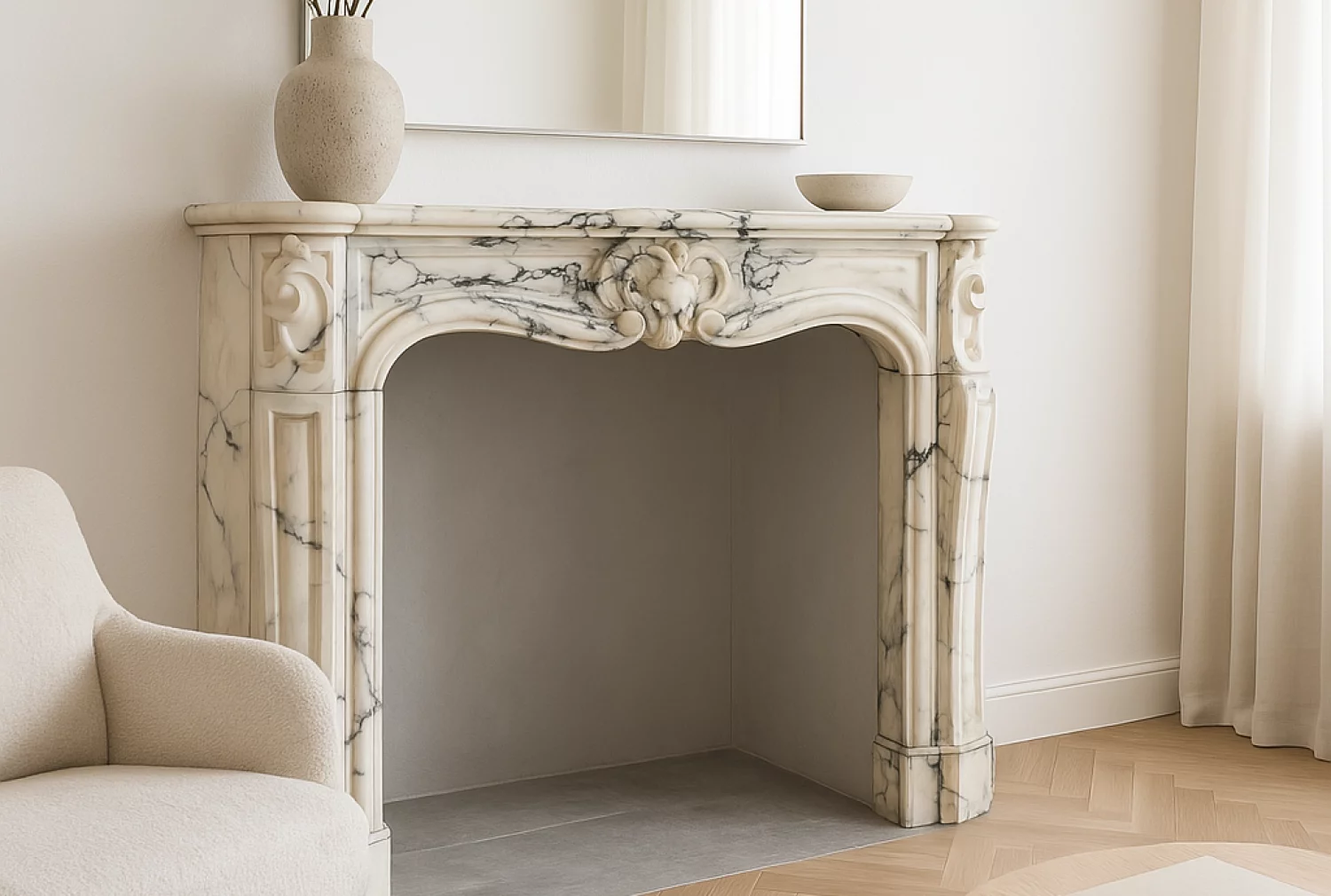 impression of fireplace in style of Louis XV