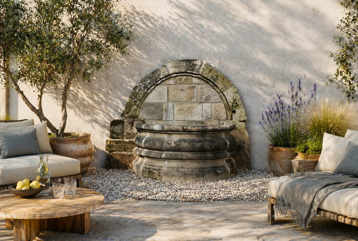 antique fountain of French limestone