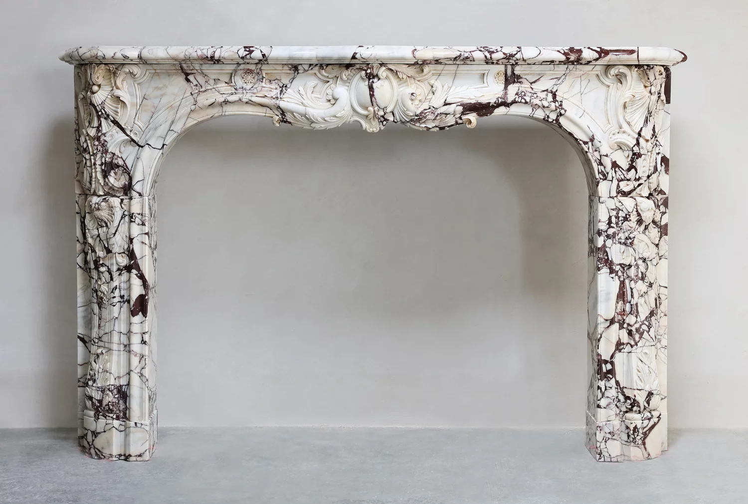 Monumental 19th century Louis XV Breche Violetta marble Fireplace Mantel from Paris, antique French mantle, impressive statement piece and focal point for luxury interiors