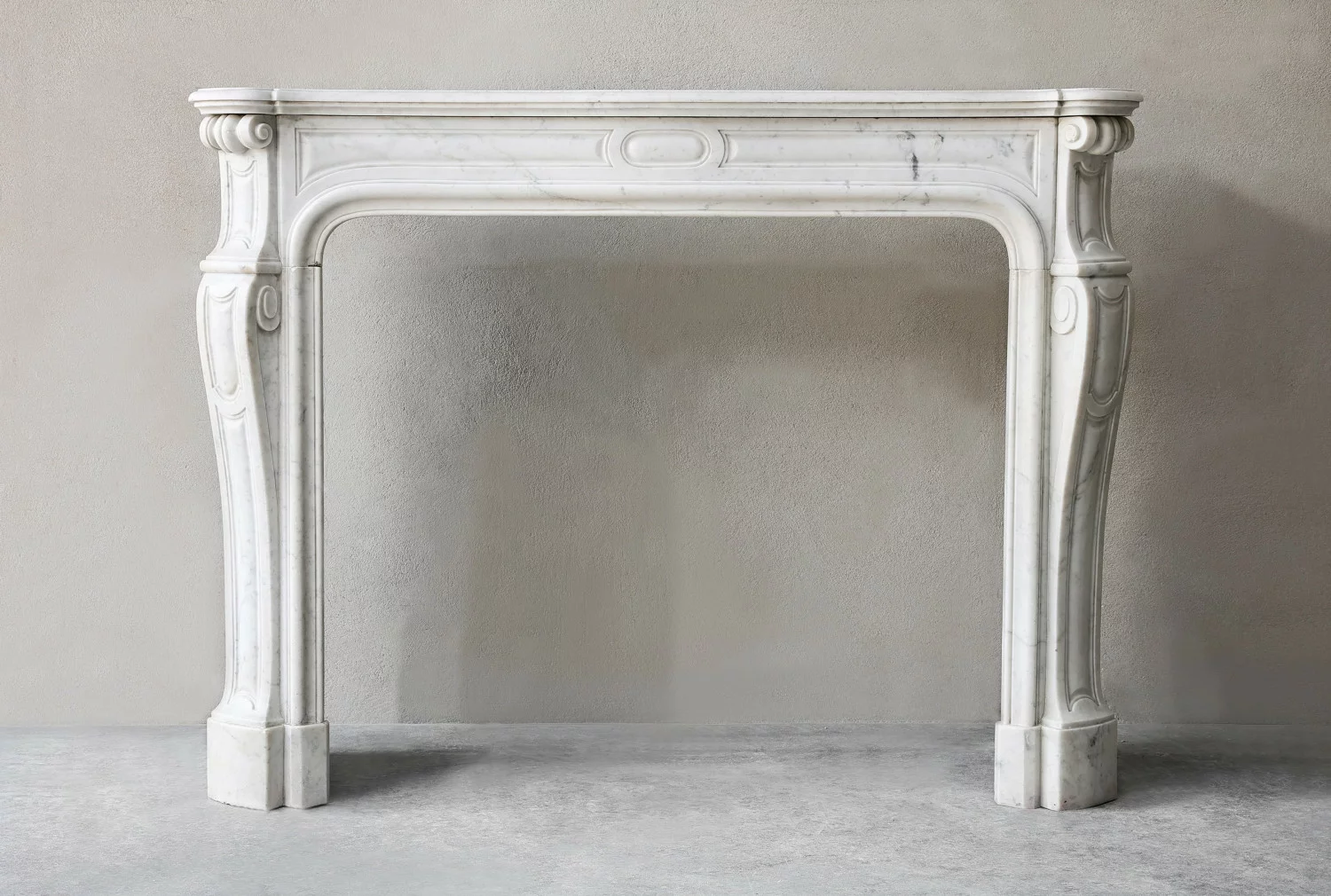 Antique Carrara marble fireplace mantel in Pompadour style, mid-19th century, front elevation view