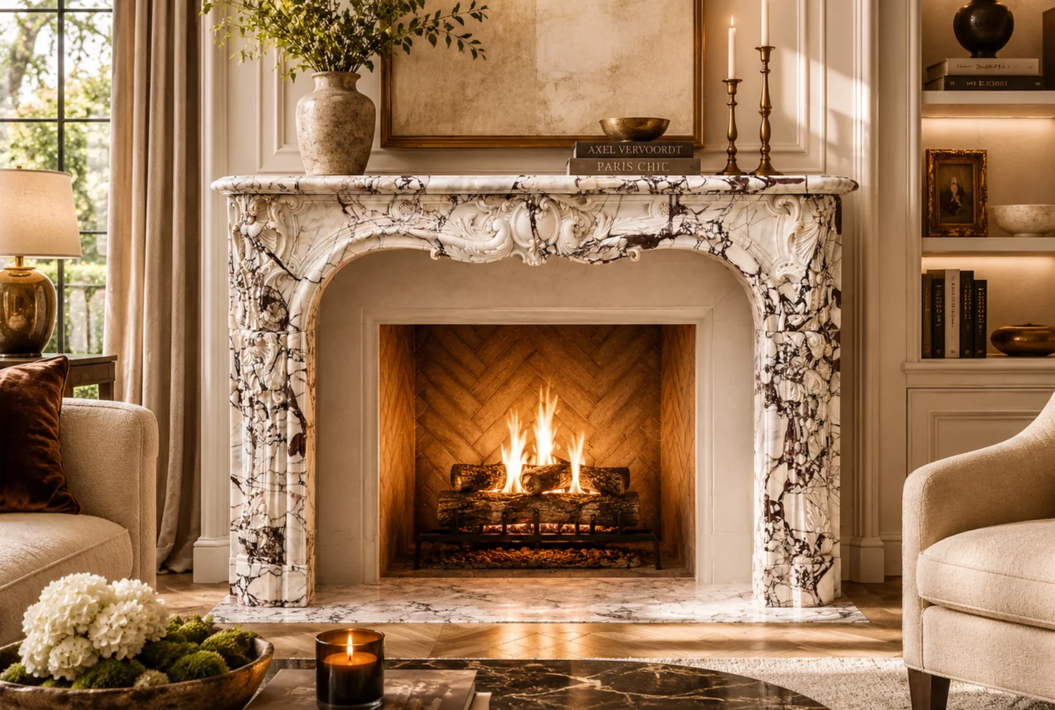 Close-up of 19th century French Louis XV Fireplace Mantel, hand-carved Breche Violetta marble mantle with acanthus leaves, shell motifs and ornate detailing