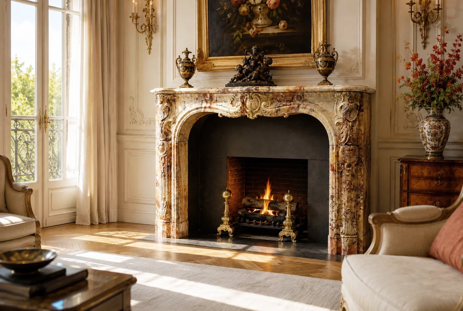 Close-up of 19th century Louis XV marble mantle in Sarrancolin marble, hand-carved central cartouche, acanthus leaves and richly veined French antique fireplace surround